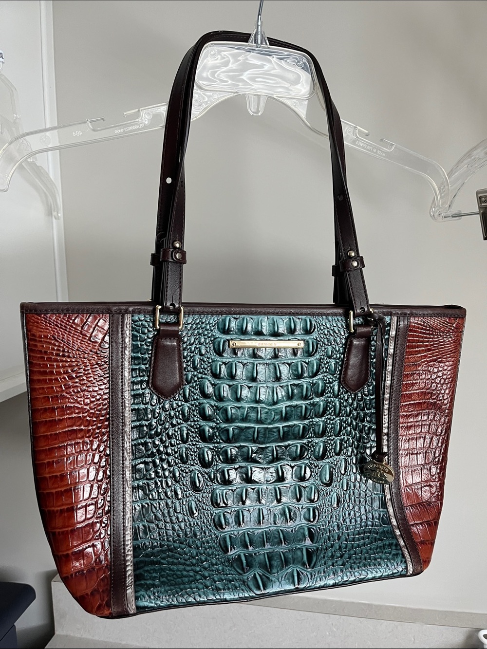 Brahmin Teal Center with Brown Side Panel Croc-Embossed Tote